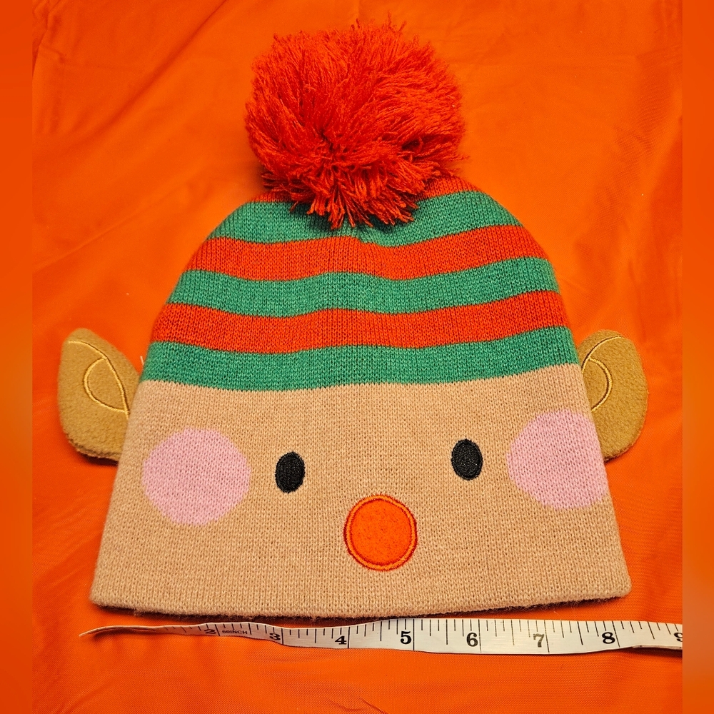 Thermal Knitted Festive Elf Beanie with Pom Pom & Attached Ears OS Child EUC
